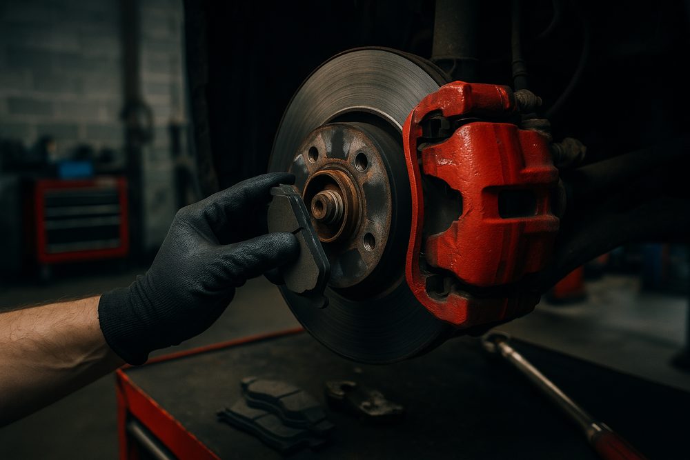 Close-up of a disc brake rotor and red caliper with the wheel removed, a Darwish Motors mechanic fitting new brake pads