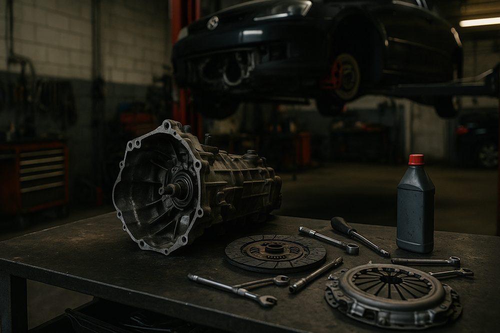 A manual gearbox removed and on the workbench next to a clutch plate and pressure plate at the Darwish Motors workshop, with a car on the hoist behind