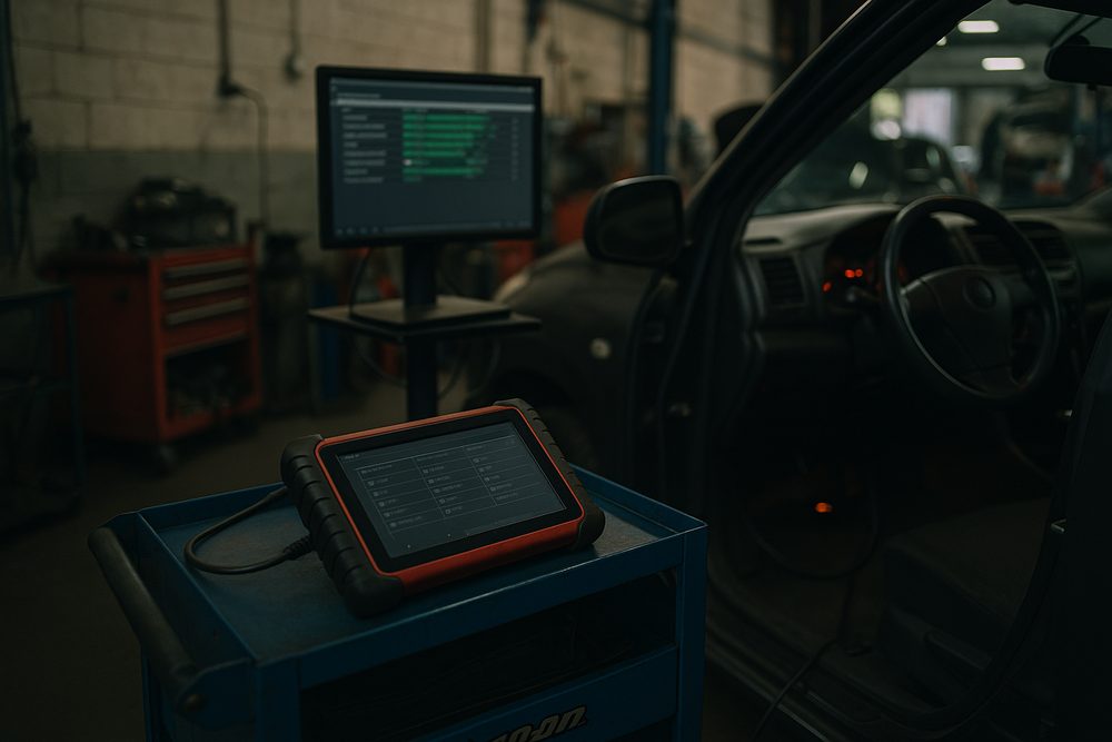 A diagnostic scan tool tablet on a workshop trolley plugged into a car, with a monitor on a stand showing a vehicle diagnostics readout at the Darwish Motors workshop
