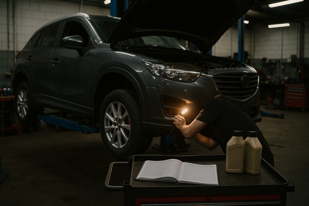 A car raised on a two-post hoist mid logbook service at the Darwish Motors workshop, with a mechanic checking the engine bay and an open service logbook on a tool trolley