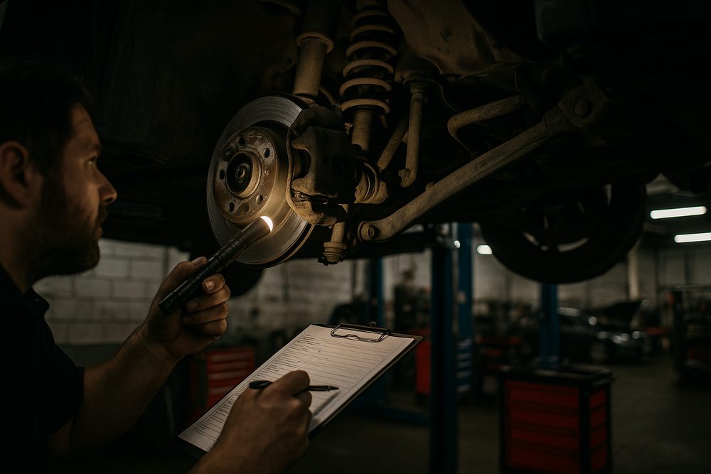A Darwish Motors mechanic inspecting the brakes and suspension under a car on the hoist with a torch and clipboard for a roadworthy certificate inspection