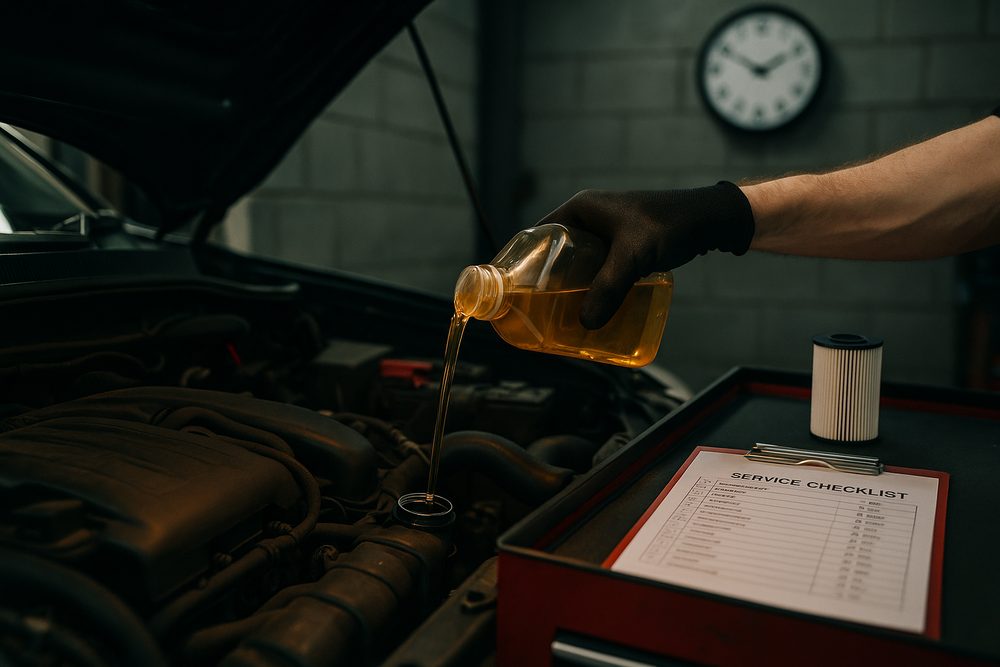 A mechanic pouring fresh engine oil into the filler cap of a car engine during a same-day service at Darwish Motors, with a new oil filter and service checklist on the trolley and a clock on the wall